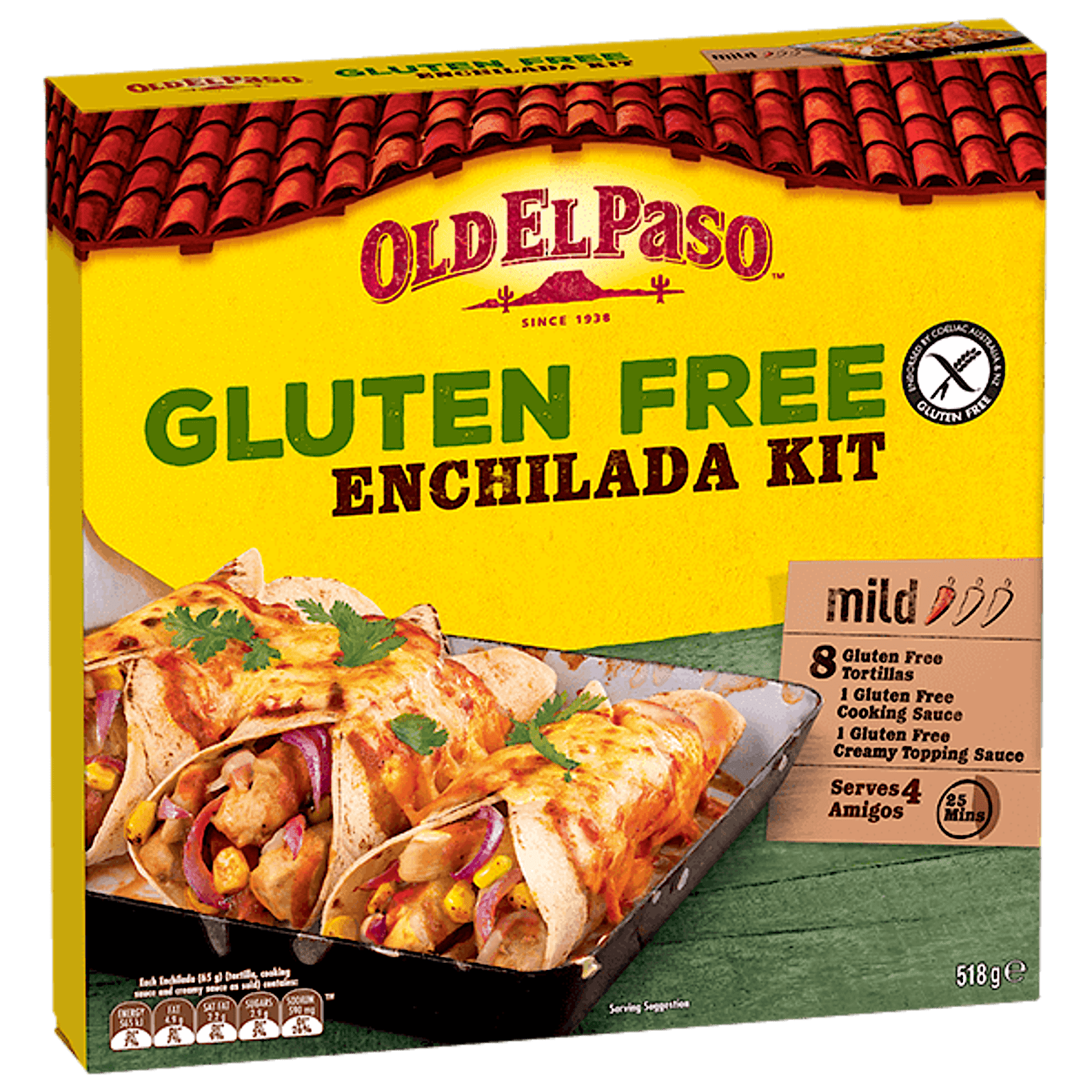 a pack of Old El Paso's gluten free mild enchilada kit containing tortillas, cooking sauce & creamy topping sauce (518g)